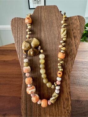 Unique VTG Artisan Made Jade Jasper Pearl Coral Stone Beaded Necklace Chunky